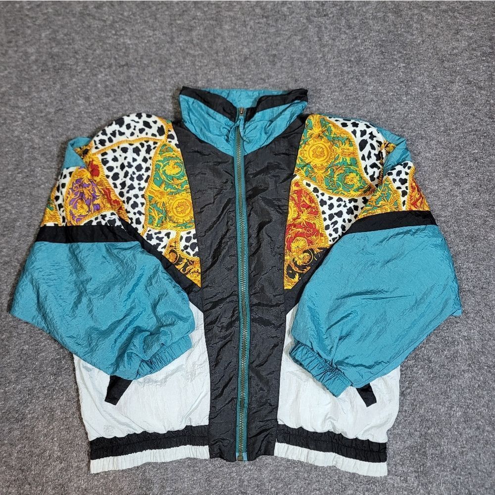 Vintage 90s River Edge Sport Windbreaker Women Jacket M Colorblock Baroque Print